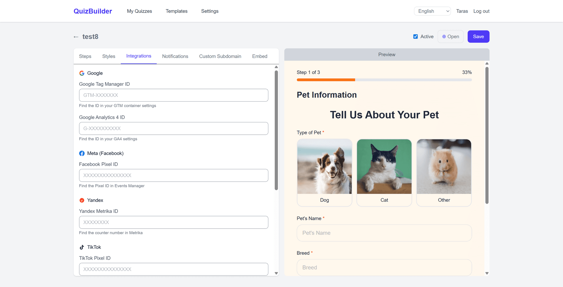 Quiz editor - Integrations