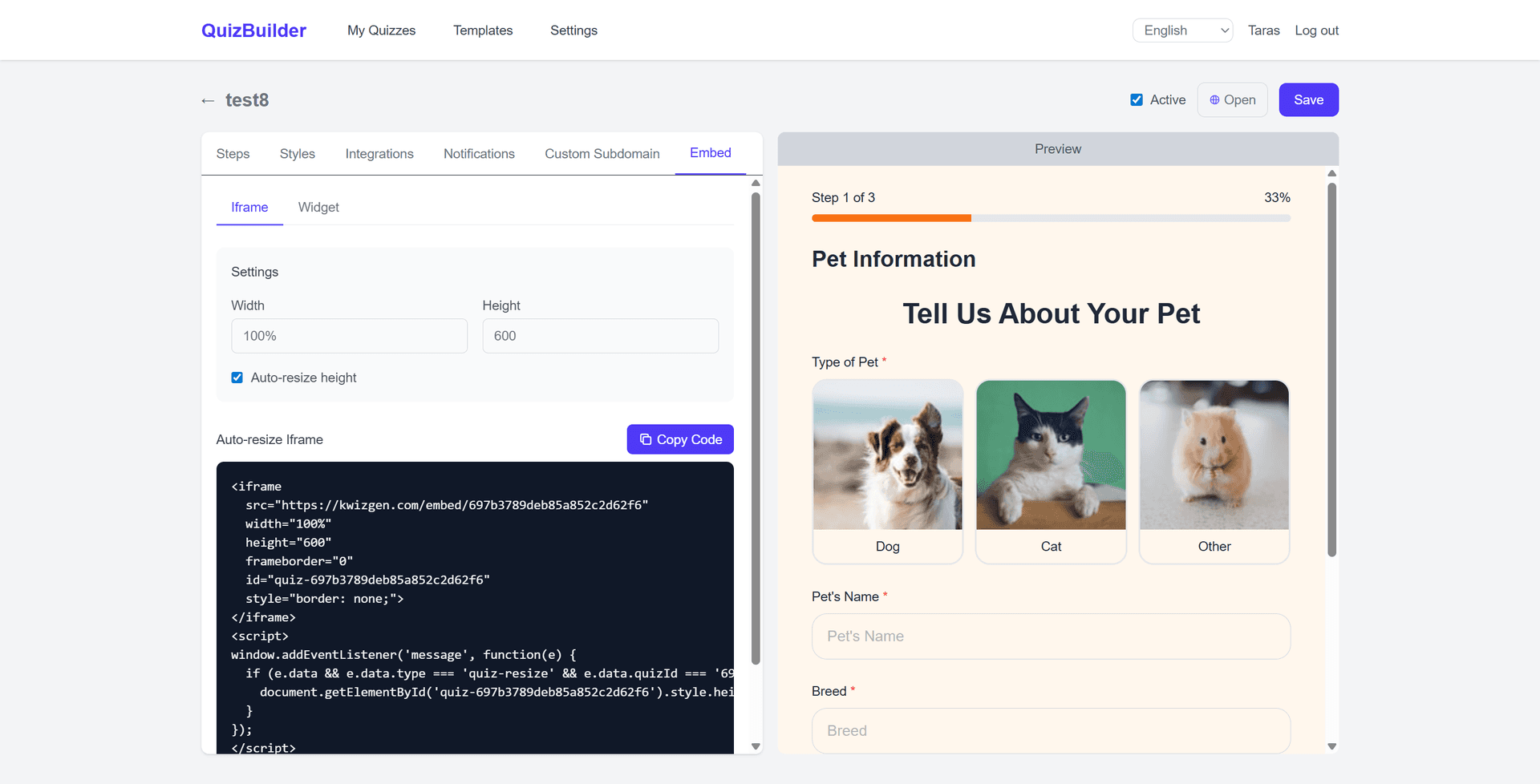 Quiz editor - Embed Iframe