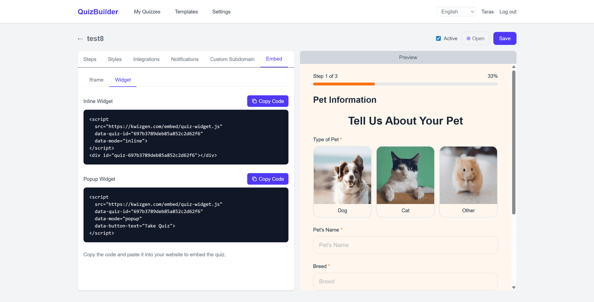 Quiz editor - Embed Widget